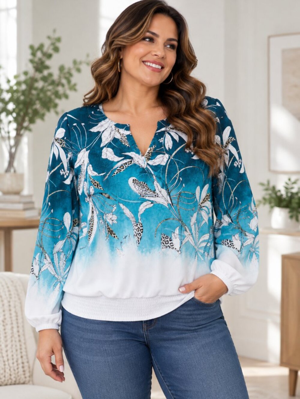 JM COLLECTION XXL teal Floral Animal Print Ombre Smocked Hem Long Sleeve Blouse